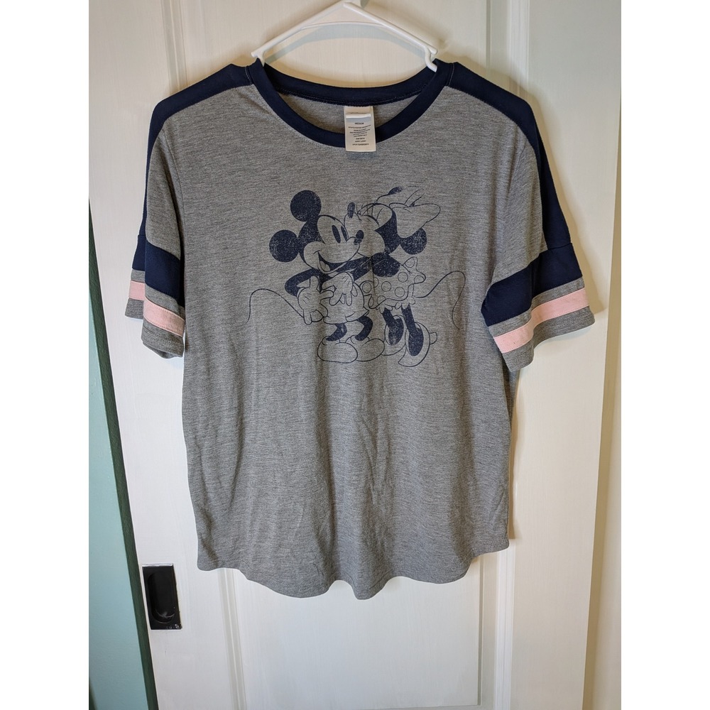 Disney Mickey Minnie Mouse Graphic Varsity Stripe T-Shirt Gray Navy Pink Medium